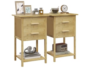 Ensemble de 2 tables de chevet de style nordique avec 2 tiroirs et une étagère inférieure, tables de chevet modernes en bambou, 40 x 34 x 60 cm, bois