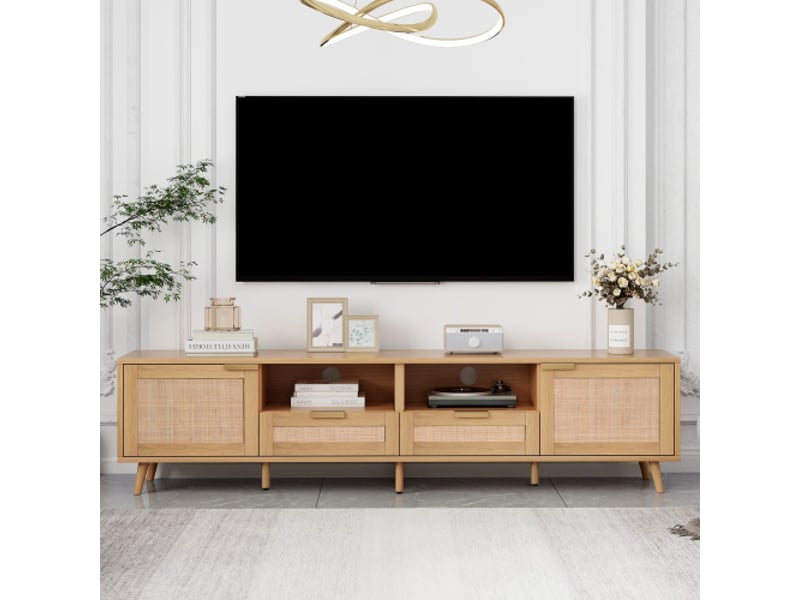 Meuble tv bois avec design en rotin véritable et pieds en bois massif, beaucoup d'espace de rangement  - Conforama B