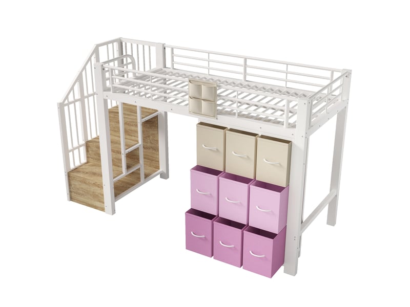  Lit mezzanine 90x200 cm en métal et mdf avec tiroirs, penderie et escalier de rangement blanc chicfurn  - Conforama A
