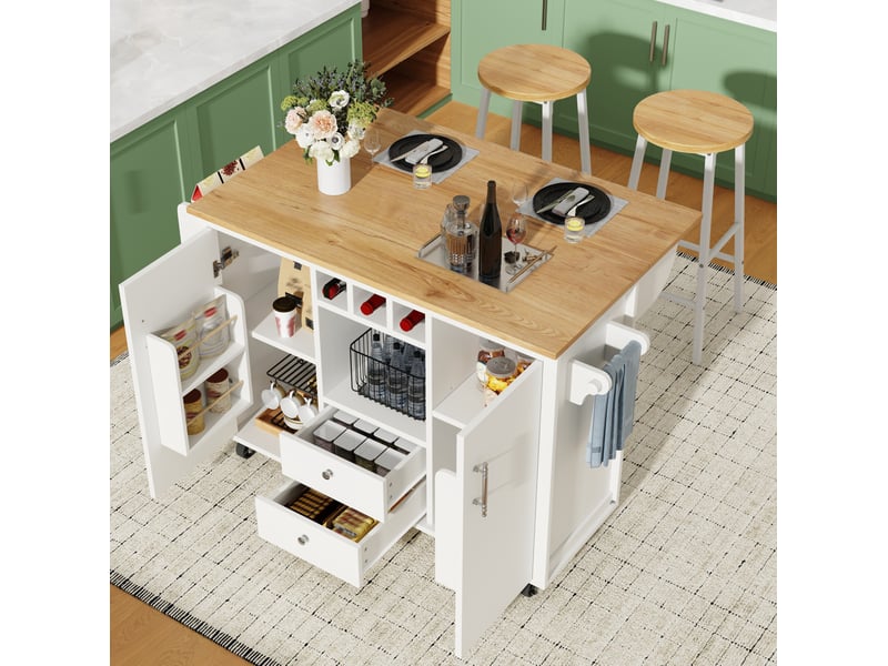 Îlot de cuisine modenvie mobile avec 2 tabourets, plateau rabattable, rangement mdf et métal blanc 137,9 x 45-73 x 92 cm - Conforama D