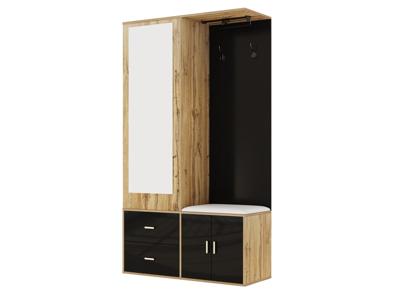  Armoire avec 2 portes,2 tiroirs,miroir,crochets,tringle à vêtements extensible,meuble à chaussures et banc à chaussures,noir+naturel armoire noir - Conforama D