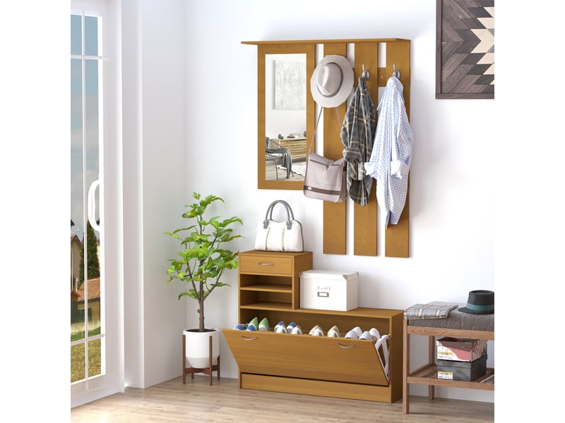  Ensemble entrée 2 pièces miroir + porte-manteau + rangement chaussures, 6 crochets, étagères, tiroir abattant, bois brun  - Conforama C