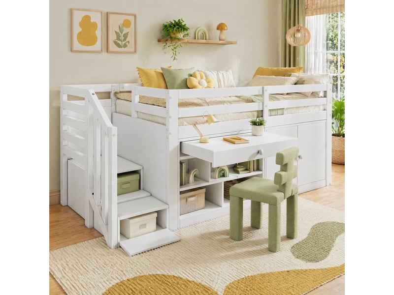 Lit mezzanine enfant simple 90×200 cm escalier, rangements et bureau - sans matelas bois blanc - Conforama B
