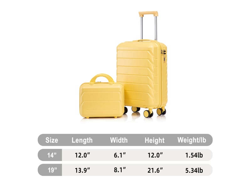 Lot de 2 bagages rigides abs jaunes, valise 19 pouces et vanity 14 pouces avec serrure à combinaison  - Conforama C