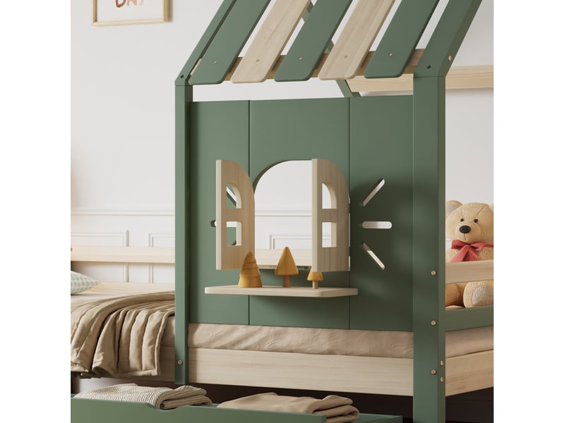  Lit cabane enfant 90x200 cm avec toit, fenêtre et 2 tiroirs, bois et mdf, vert et naturel, sans matelas  - Conforama E