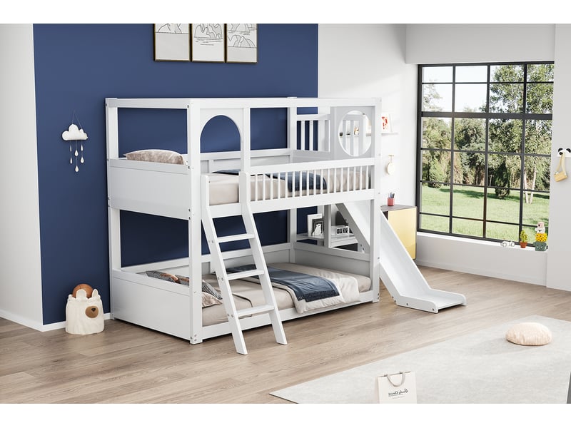  Lits superposés 90 × 200 cm, toboggan, échelle et étagères latérales, sommiers inclus, structure en pin et mdf, blanc  - Conforama B