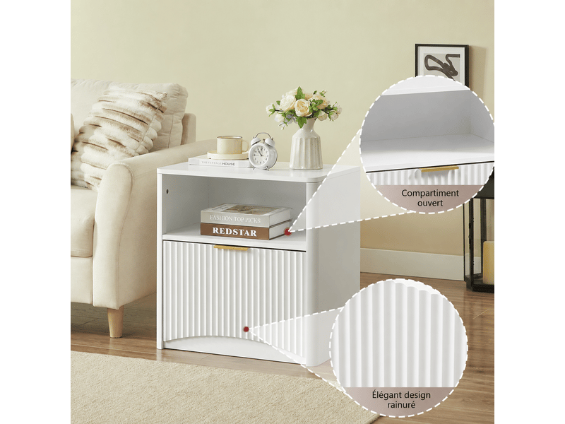  Chevet - avec rangement - avec tiroirs - gain de place - fonctionnement silencieux - panneaux de particules - blanc - pour chambre 58x38x60cm - Conforama R