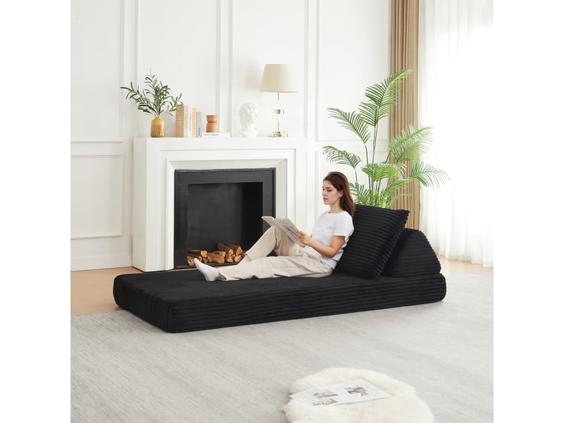 Canapé modulable convertible 211 cm en velours côtelé, dossiers triangulaires, accoudoirs amovibles, coussins d’assise allongés - noir - Conforama B