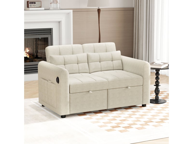  Canapé droit convertible 2 places beige en tissu, dossier réglable et ports usb, idéal pour les petits espaces  - Conforama E