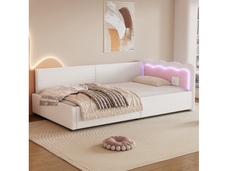  Modenvie lit banquette 90x200 cm - avec éclairage led et tête de lit color block, sans matelas - blanc  - Conforama D
