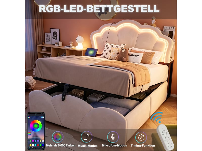  Lit coffre rembourré 140x200 cm, led, rangement hydraulique, tête de lit avec étagères, velours beige evarich - Conforama D