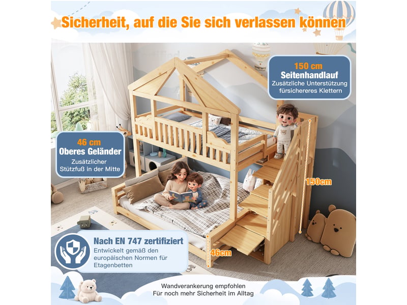 Lit superposé 90 x 200 cm, lit enfant à deux couchages, étagères ouvertes, échelle, sommier à lattes inclus, bois, naturel Morn Vibe - Conforama E