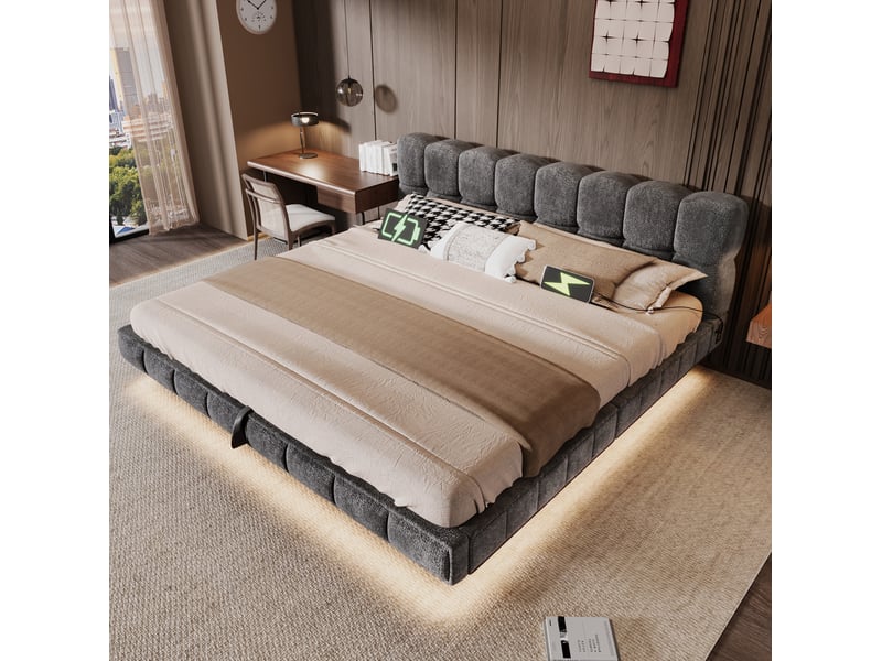  Lit double coffre 180x200 cm en chenille grise avec led et ports usbtype-c  - Conforama E