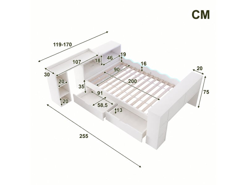 Lit une place 90x200 cm avec deux tiroirs de rangement et bureau escamotable blanc - Conforama C