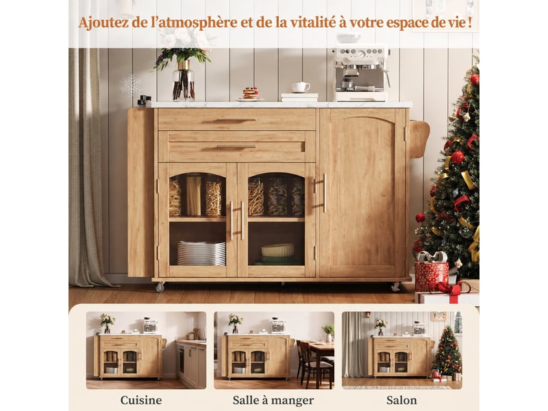 Îlot central de cuisine avec plan rabattable, 5 roulettes, rangements, 138 x 70 x 90 cm, bois naturel  - Conforama B