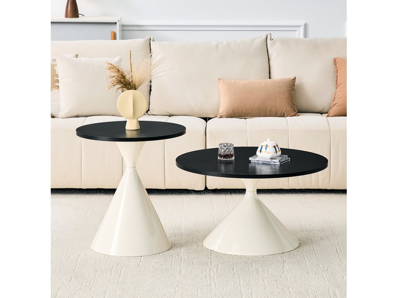  Tables basses gigognes avec plateaux ronds empilables, finition bois noir et piètement métal pour salon et chambre  - Conforama B