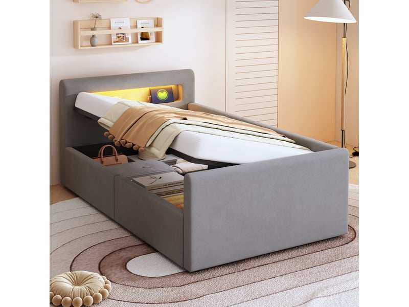 Lit enfant capitonné 90 x 200 cm en velours gris clair avec led, usb et rangement hydraulique - Conforama B