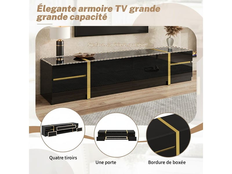  Meuble tv luxueux, finition haute brillance, bordures dorées, avec tiroirs et portes, style moderne, rangement pour salon, 180 cm  - Conforama C