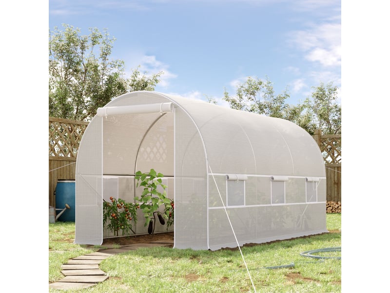  Serre tunnel de jardin 8m², serre de jardin tunnel avec porte et 6 fenêtres, bâche pe 140 gm² 400 x 200 x 200 cm blanc  - Conforama C
