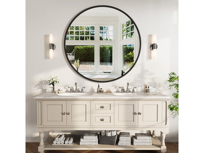  Miroir rond mural 75cm - miroir salle de bain en verre trempé incassable avec cadre aluminium - noir  - Conforama B