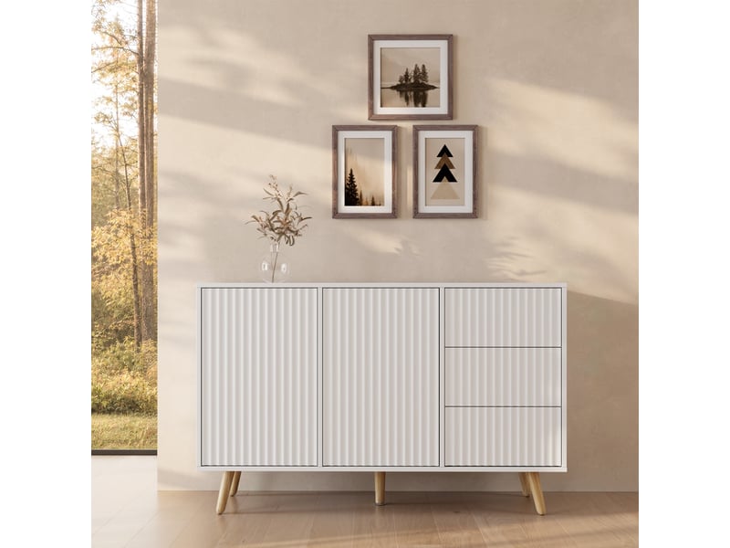  Buffet de salon bas 2 portes 3 tiroirs cannelé | meuble de rangement à rainures | console d'entrée | 120x40x76cm | modèle renzo l | couleur blanc Renzo L - Conforama B