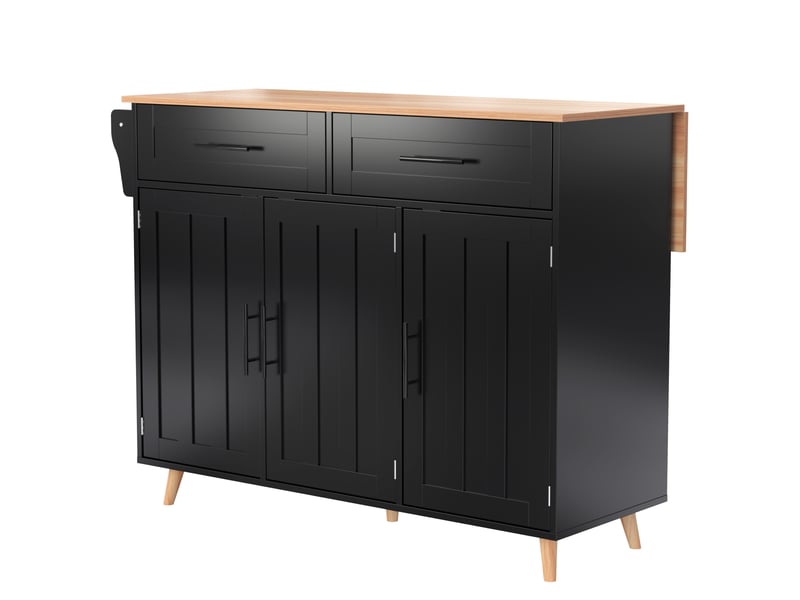  Îlot de cuisine noir avec plateau rabattable, chariot de service sur roulettes avec 2 tiroirs et armoires de rangement, 129x46x91,5cm  - Conforama W