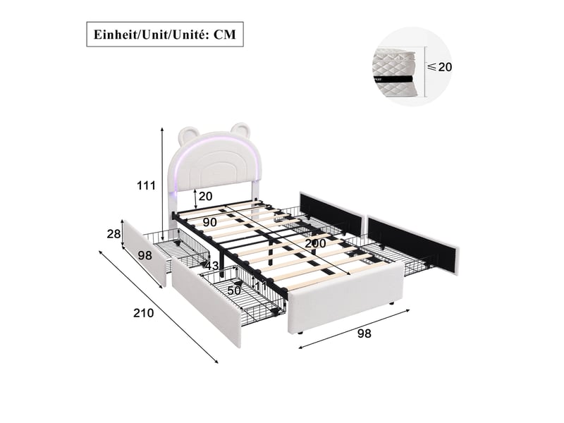  Lit enfant rembourré 90 × 200 cm 1 place avec 4 tiroirs et led réglable par application, sans matelas, beige velours  - Conforama D