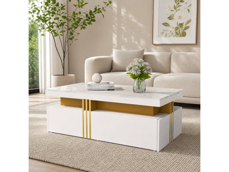  Table basse avec 2 tiroirs pour salon en panneaux de particules 100×50×40 cm blanc brillant  - Conforama B