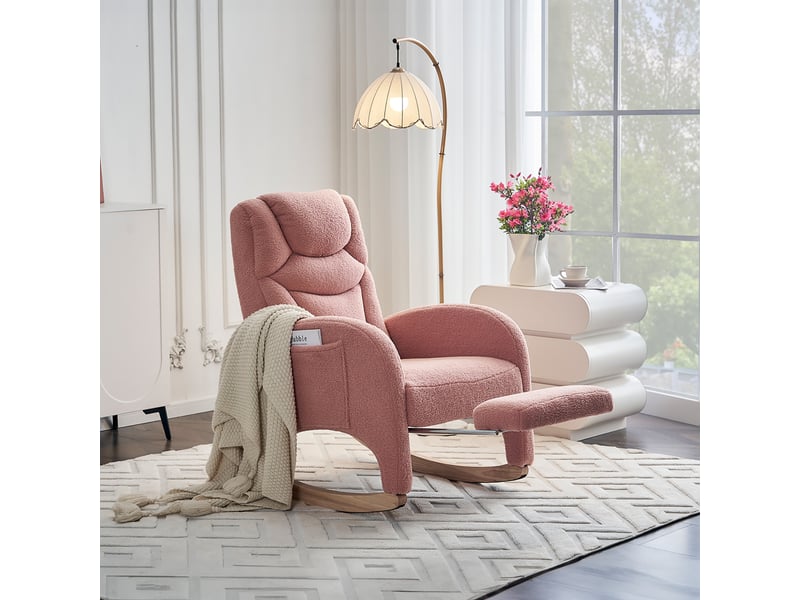  Fauteuil à bascule rose en tissu teddy avec accoudoirs et repose-pieds 110 kg  - Conforama E
