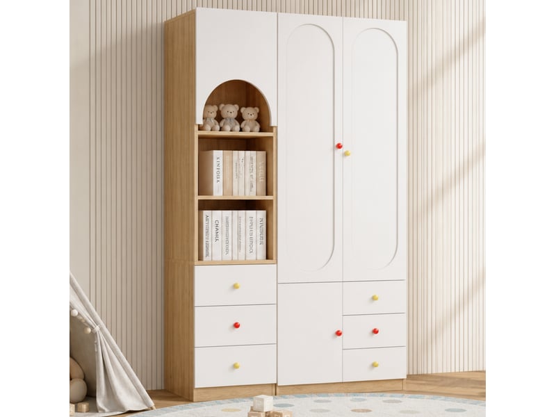  Armoire avec 2 portes, étagère de rangement et tiroirs pour chambre, en mdf, blanc et aspect bois naturel  - Conforama C