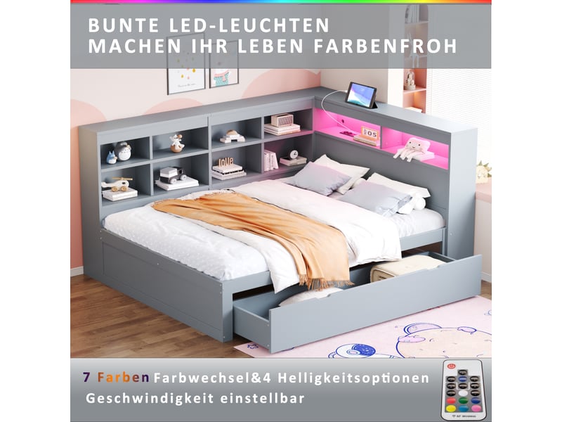 Lit coffre 140x200 cm avec rangements, led et usb, pin gris, sans matelas - Conforama D