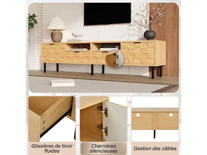 Meuble tv bois naturel 200 cm avec 2 tiroirs et 2 portes, pour tv jusqu'à 80 pouces, style japonais - Conforama E