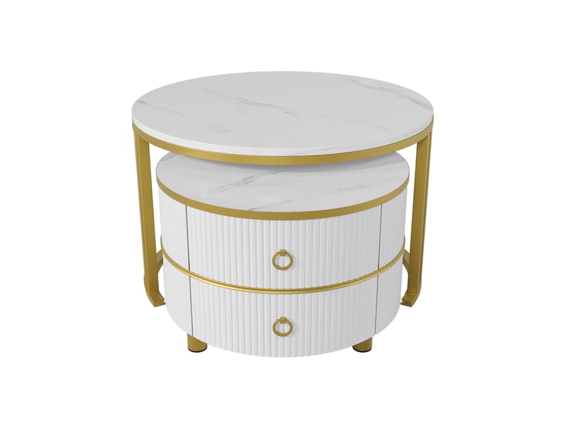  Table basse ronde 2 en 1 en mdf, table d'appoint avec plateau brillant et plateau en marbre blanc, combinaison table basse salon avec 2 tiroirs, 70 x 70 x 46 + 50 x 50 x 40 cm  - Conforama E