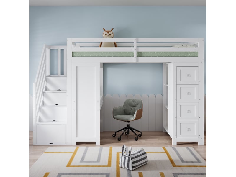  Lit mezzanine multifonctionnel pour enfants avec espace de rangement et coin lecture, lit superposé, table intégrée, tiroirs, étagères latérales, pin + mdf + panneaux de particules, blanc, 90 x 200 cm  - Conforama B