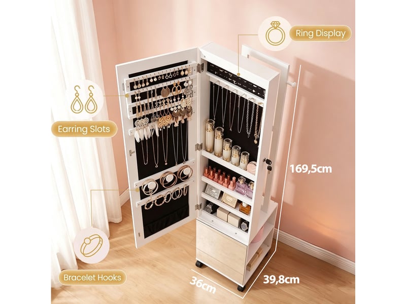  Armoire à bijoux blanche sur pied avec miroir pleine hauteur et éclairage led  - Conforama C