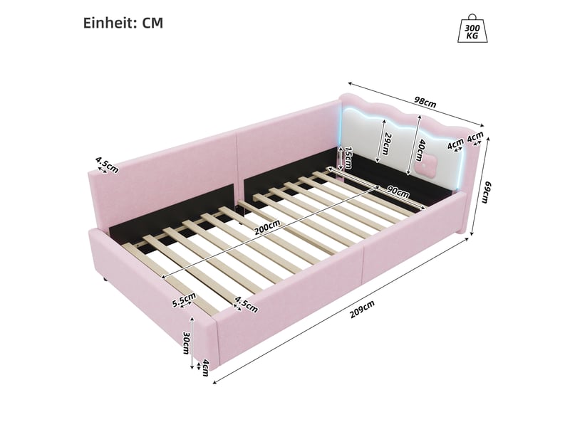  Lit banquette enfant 90x200 cm en velours rose avec led réglable et sommier à lattes  - Conforama C
