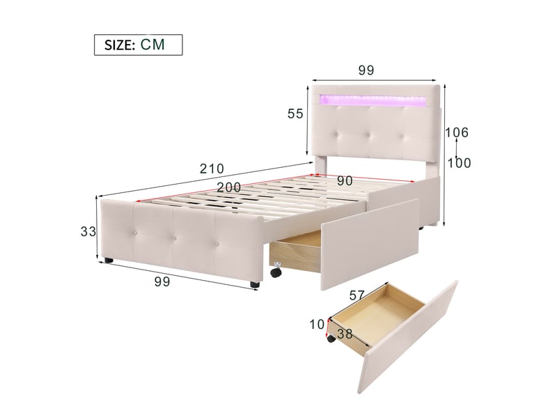  Lit enfant rembourré 90 x 200 cm avec led et 2 tiroirs, tête de lit réglable, beige Fay Lum - Conforama C