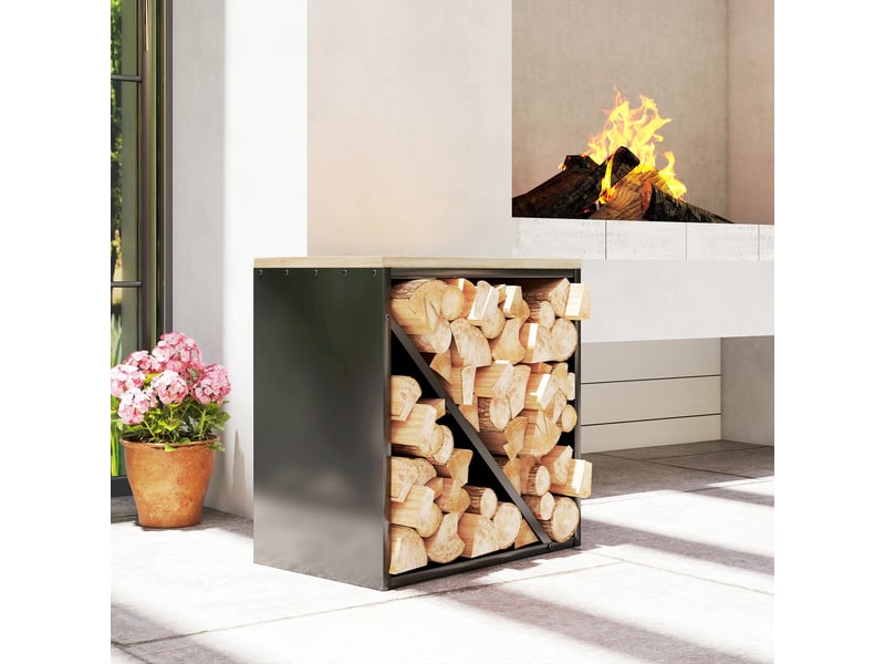  Porte-bûches intérieur 2 en 1, métal noir avec plateau en sapin, 58 x 36 x 60 cm  - Conforama D