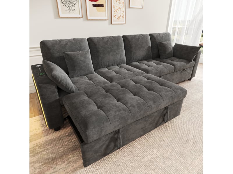  Canapé-lit 4 places 262.5x140x89 cm avec led et usb, dossier réglable, tissu couleur gris, design moderne  - Conforama E