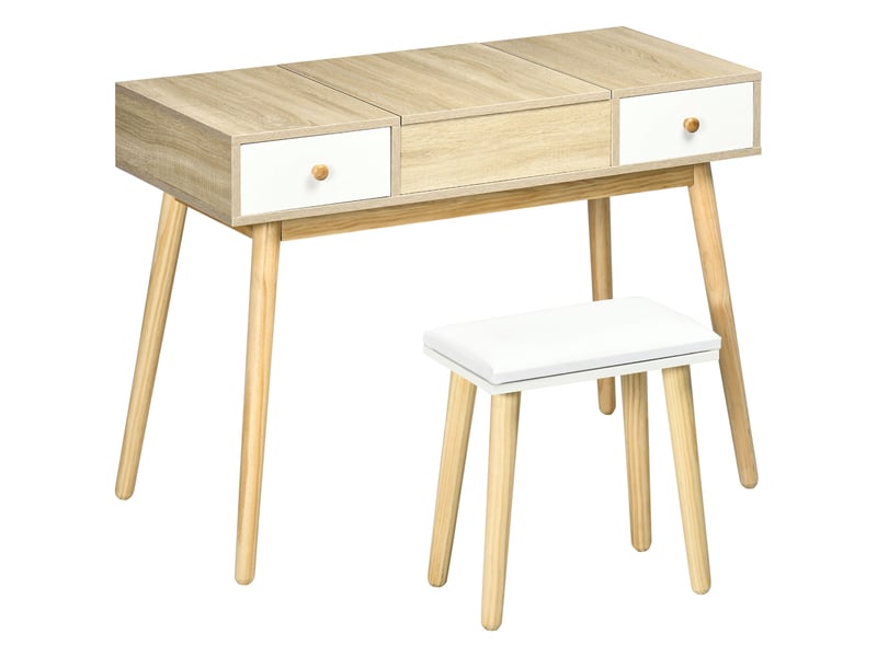  Coiffeuse moderne avec miroir coulissant, rangement pour bijoux, 2 tiroirs et tabouret, couleur bois  - Conforama B