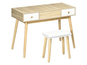 Coiffeuse moderne avec miroir coulissant, rangement pour bijoux, 2 tiroirs et tabouret, couleur bois