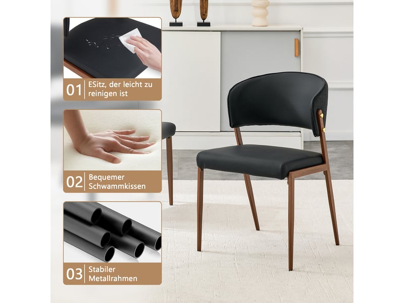  Chaise de salle à manger rembourrée avec dossier ergonomique  - pieds en métal, simili cuir noir  - Conforama E