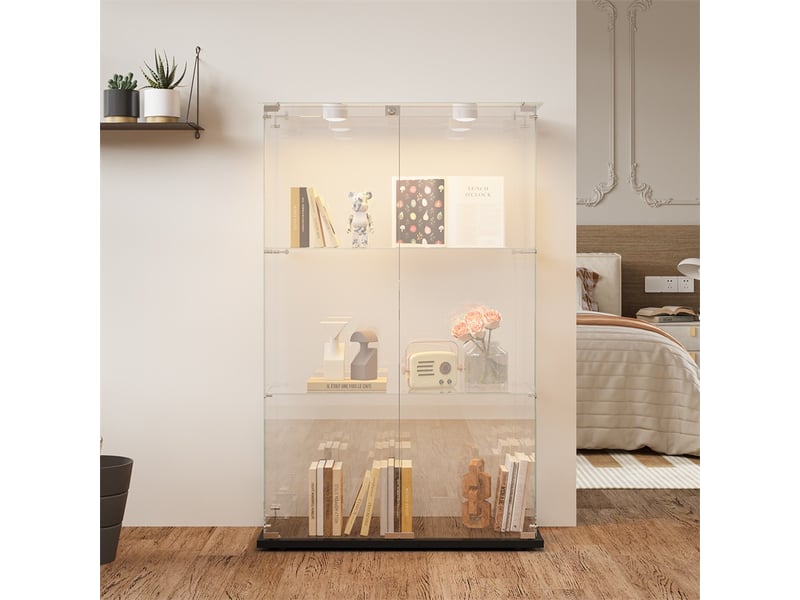  Vitrine en verre 123.3x79.8x35cm - vitrine 2 portes 3 niveaux avec éclairage tactile et base noire - meuble de présentation - noir  - Conforama B