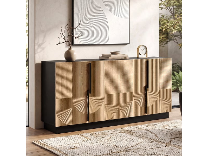  Buffet bas 160x42x76 cm, bahut enfilade salon, meuble de rangement 4 portes, façade en relief, poignées en métal - naturel et noir  - Conforama B