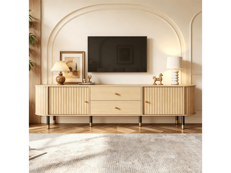  Meuble tv bois 180 cm pour écran 75 pouces, lowboard ovale avec portes coulissantes et 2 tiroirs, finition naturelle  - Conforama B