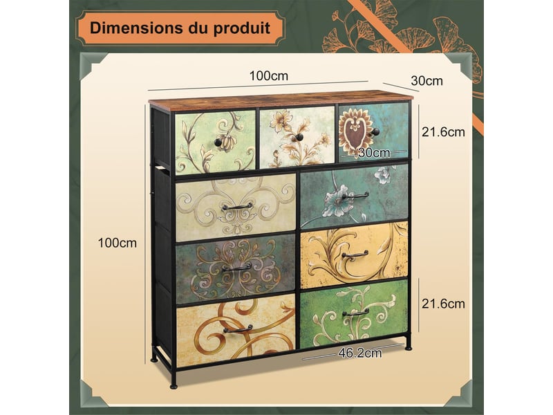  Meuble de rangement 9 tiroirs à motifs rétro - 100x30x100 cm - cadre en acier robuste - commode, buffet pour salon et chambre  - Conforama B