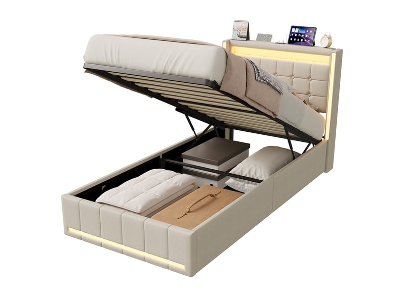  Lit coffre 90x200 cm avec led,usb et hydraulique, lit simple en lin beige, grand rangement, tête de lit capitonnée  - Conforama A