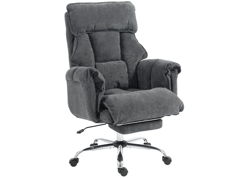  Fauteuil de bureau pivotant inclinable à 3 positions avec double coussin et repose-pieds, revêtement en flanelle, gris foncé  - Conforama A
