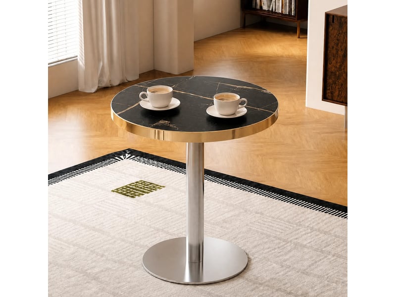  Table d'appoint ronde 60 cm noire, plateau mdf aspect marbre et acier inoxydable doré  - Conforama E
