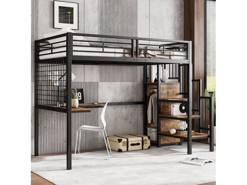  Lit mezzanine 90x200 cm avec bureau et rangement, noir et bois foncé  - Conforama D